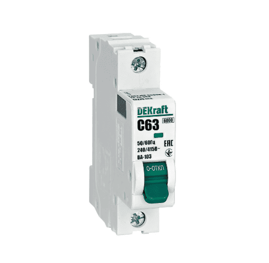 Автоматический выключатель модульный DEKraft ВА-103 1P, характеристика C, номинальный ток 63А, отключающая способность 6кА, артикул 12279DEK