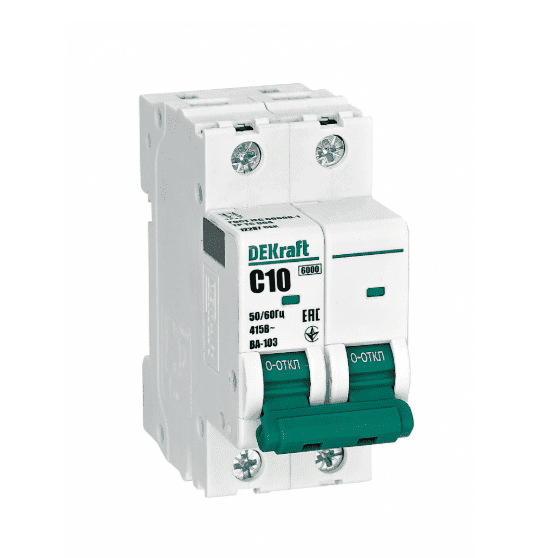 Автоматический выключатель модульный DEKraft ВА-103 2P, характеристика C, номинальный ток 10А, отключающая способность 6кА, артикул 12287DEK