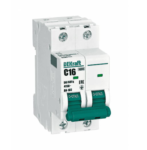 Автоматический выключатель модульный DEKraft ВА-103 2P, характеристика C, номинальный ток 16А, отключающая способность 6кА, артикул 12289DEK