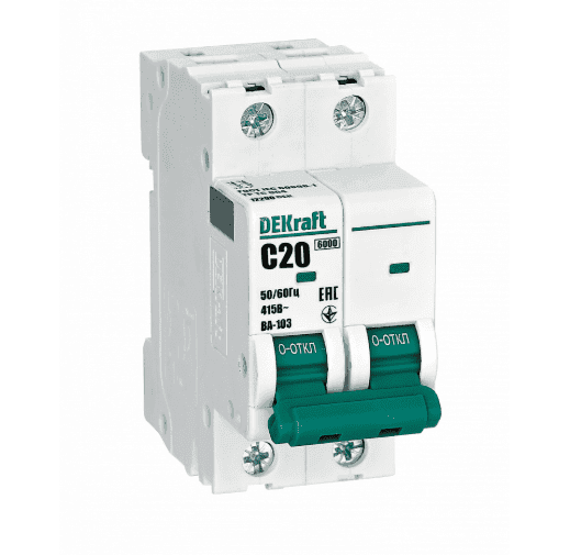 Автоматический выключатель модульный DEKraft ВА-103 2P, характеристика C, номинальный ток 20А, отключающая способность 6кА, артикул 12290DEK
