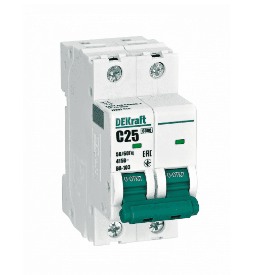 Автоматический выключатель модульный DEKraft ВА-103 2P, характеристика C, номинальный ток 25А, отключающая способность 6кА, артикул 12291DEK
