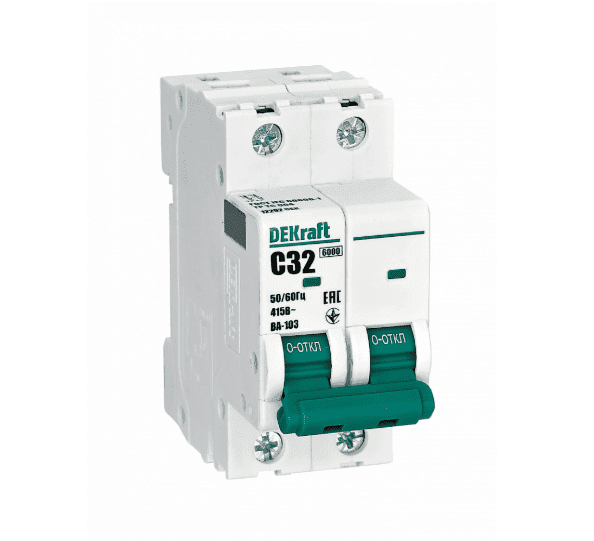 Автоматический выключатель модульный DEKraft ВА-103 2P, характеристика C, номинальный ток 32А, отключающая способность 6кА, артикул 12292DEK