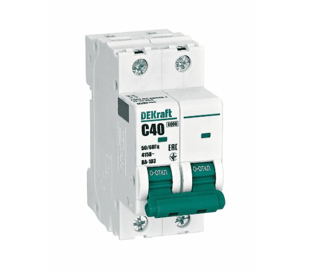 Автоматический выключатель модульный DEKraft ВА-103 2P, характеристика C, номинальный ток 40А, отключающая способность 6кА, артикул 12293DEK
