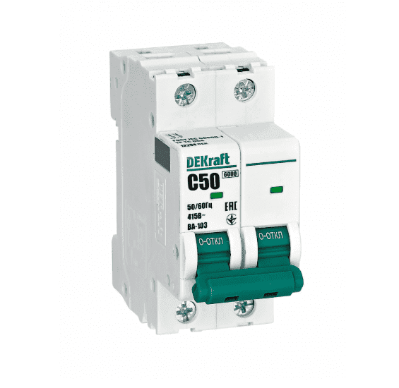 Автоматический выключатель модульный DEKraft ВА-103 2P, характеристика C, номинальный ток 50А, отключающая способность 6кА, артикул 12294DEK