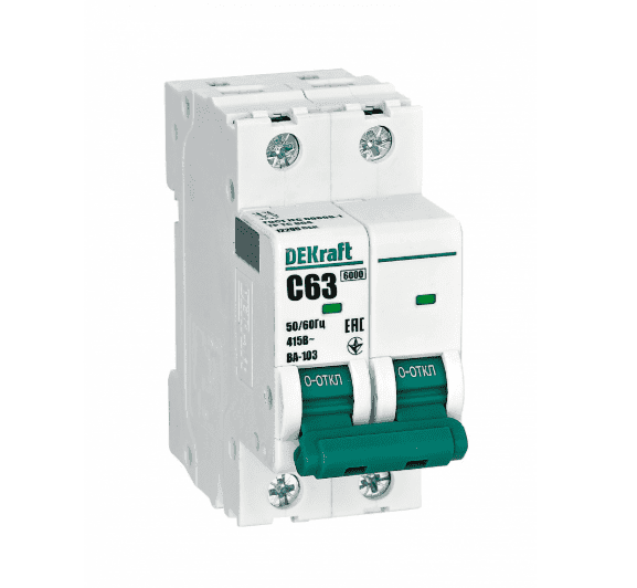 Автоматический выключатель модульный DEKraft ВА-103 2P, характеристика C, номинальный ток 63А, отключающая способность 6кА, артикул 12295DEK
