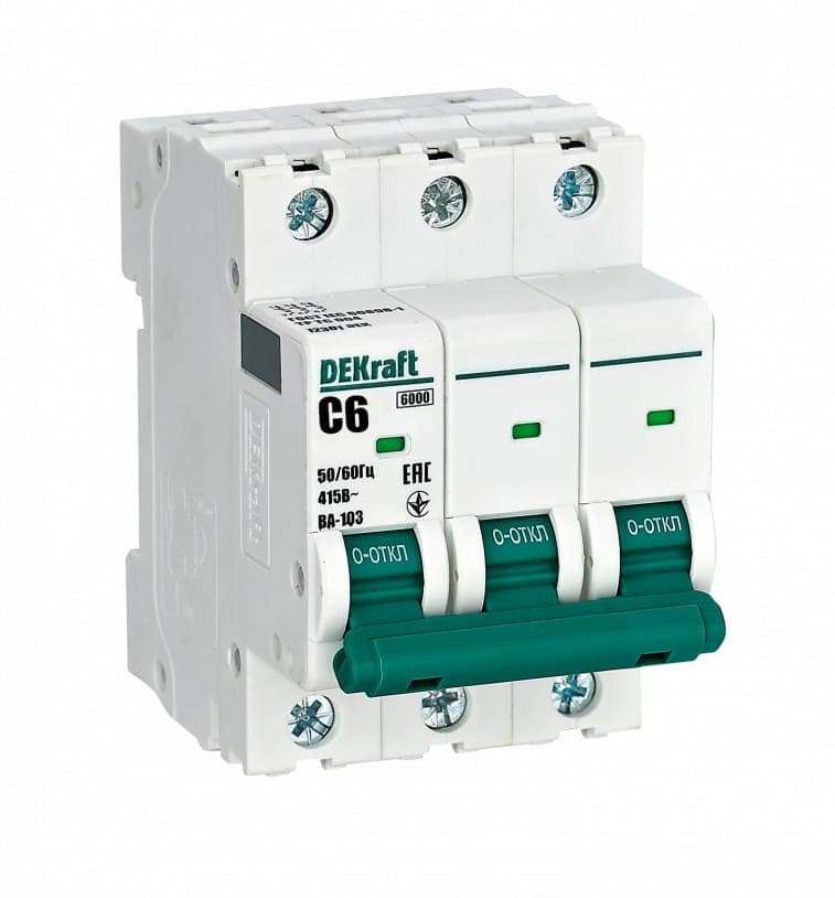 Автоматический выключатель модульный DEKraft ВА-103 3P, характеристика C, номинальный ток 6А, отключающая способность 6кА, артикул 12301DEK