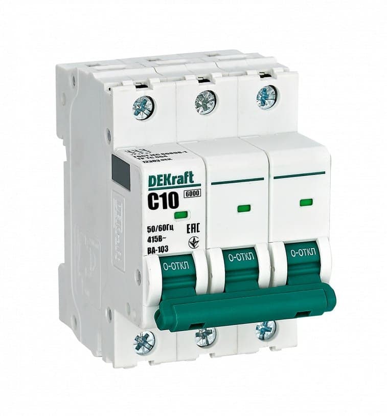 Автоматический выключатель модульный DEKraft ВА-103 3P, характеристика C, номинальный ток 10А, отключающая способность 6кА, артикул 12303DEK
