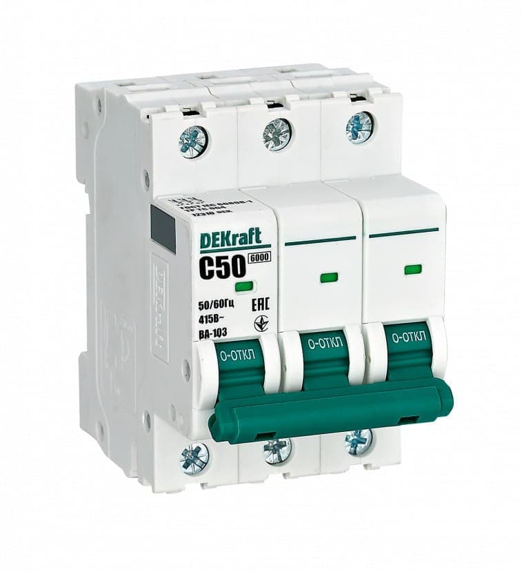 Автоматический выключатель модульный DEKraft ВА-103 3P, характеристика C, номинальный ток 50А, отключающая способность 6кА, артикул 12310DEK