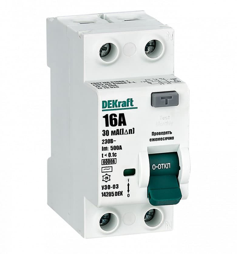 Устройство защитного отключения модульное DEKraft УЗО-03 2P, номинальный ток 16А, ток утечки 30мА, тип AC, электромеханическое, отключающая способность 6кА, артикул 14205DEK