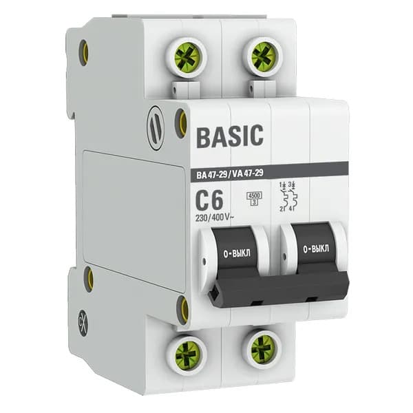 Автоматический выключатель модульный EKF Basic ВА47-29 2P, характеристика C, номинальный ток 6А, отключающая способность 4,5кА, артикул mcb4729-2-06C