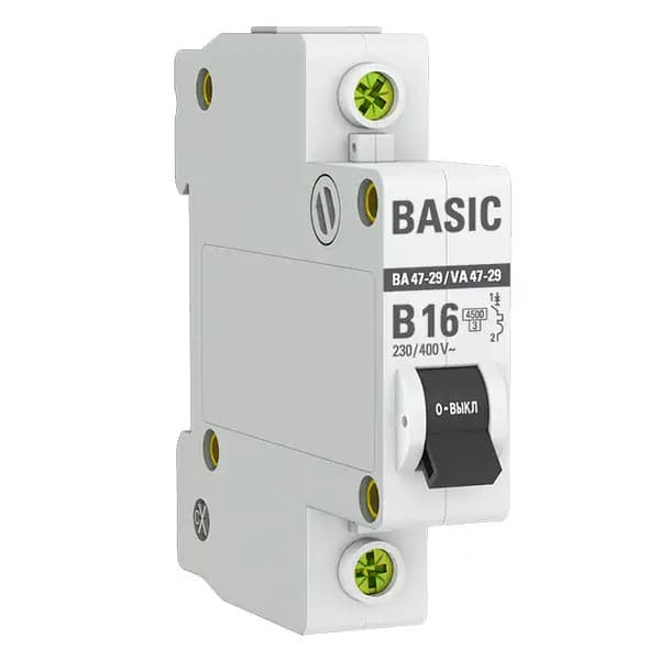 Автоматический выключатель модульный EKF Basic ВА47-29 1P, характеристика B, номинальный ток 16А, отключающая способность 4,5кА, артикул mcb4729-1-16-B