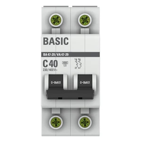Автоматический выключатель модульный EKF Basic ВА47-29 2P, характеристика C, номинальный ток 40А, отключающая способность 4,5кА, артикул mcb4729-2-40C - вид спереди