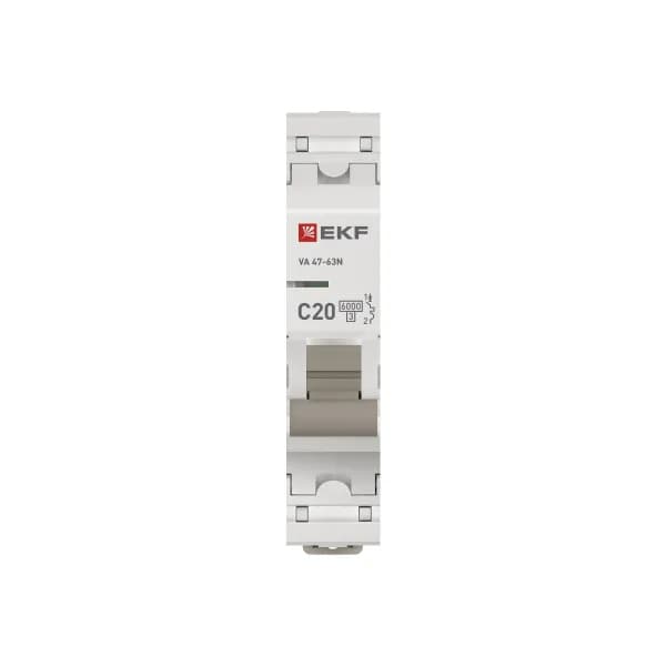 Автоматический выключатель модульный EKF PROxima ВА47-63N 1P, характеристика C, номинальный ток 20А, отключающая способность 6кА, артикул M636120C - вид спереди