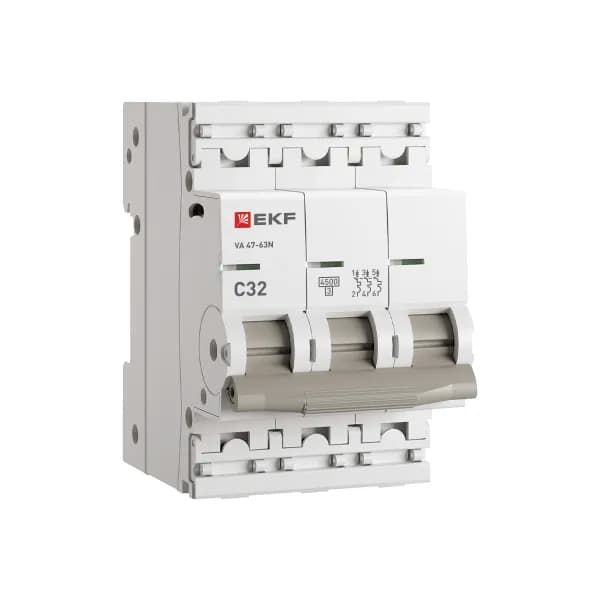 Автоматический выключатель модульный EKF PROxima ВА47-63N 3P, характеристика C, номинальный ток 32А, отключающая способность 4,5кА, артикул M634332C