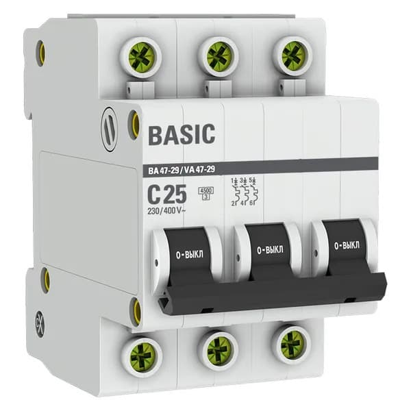 Автоматический выключатель модульный EKF Basic ВА47-29 3P, характеристика C, номинальный ток 25А, отключающая способность 4,5кА, артикул mcb4729-3-25C