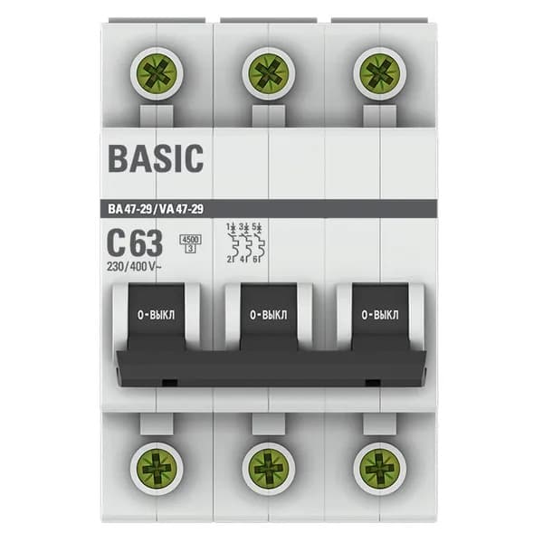 Автоматический выключатель модульный EKF Basic ВА47-29 3P, характеристика C, номинальный ток 63А, отключающая способность 4,5кА, артикул mcb4729-3-63C - вид спереди