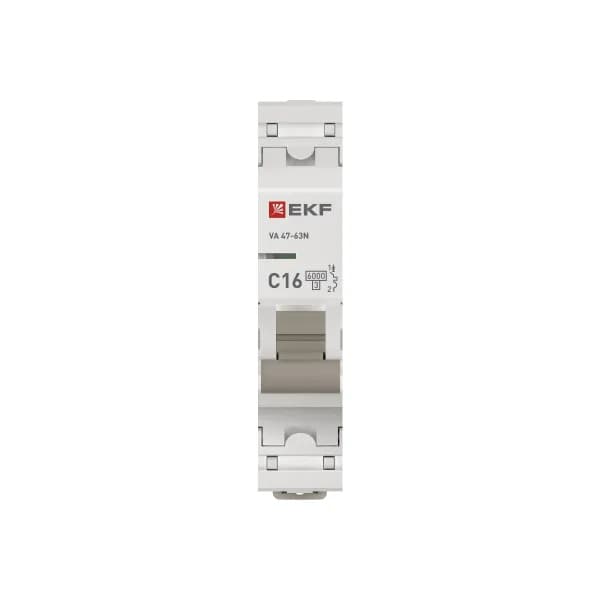 Автоматический выключатель модульный EKF PROxima ВА47-63N 1P, характеристика C, номинальный ток 16А, отключающая способность 6кА, артикул M636116C - вид спереди