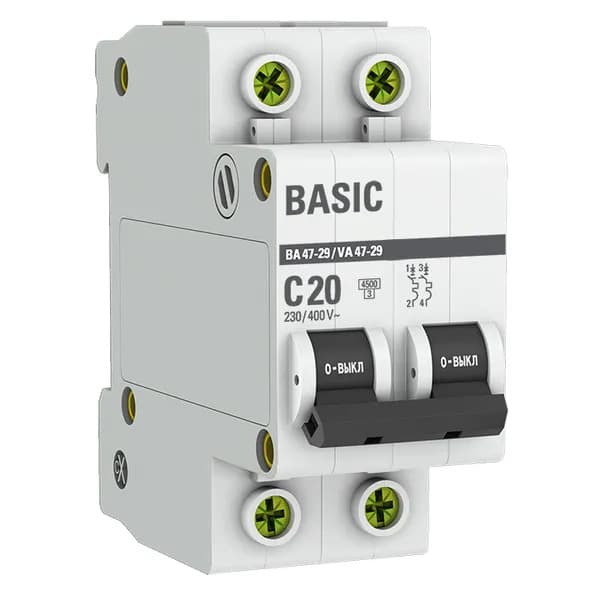 Автоматический выключатель модульный EKF Basic ВА47-29 2P, характеристика C, номинальный ток 20А, отключающая способность 4,5кА, артикул mcb4729-2-20C