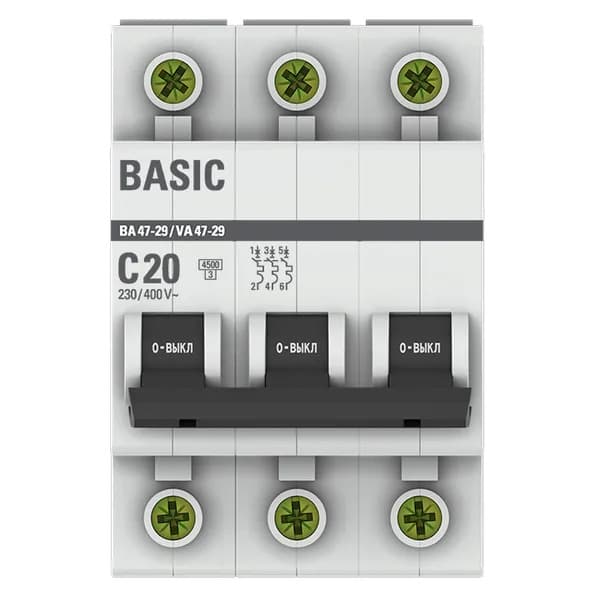 Автоматический выключатель модульный EKF Basic ВА47-29 3P, характеристика C, номинальный ток 20А, отключающая способность 4,5кА, артикул mcb4729-3-20C - вид спереди