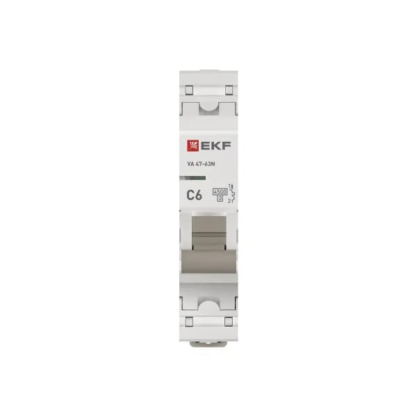 Автоматический выключатель модульный EKF PROxima ВА47-63N 1P, характеристика C, номинальный ток 6А, отключающая способность 6кА, артикул M636106C - вид спереди