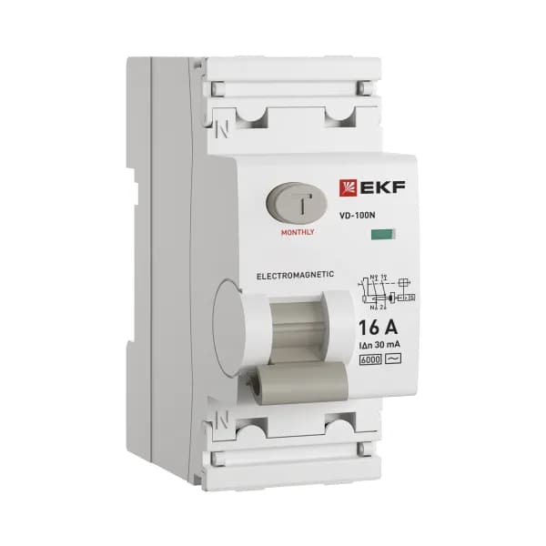 Устройство защитного отключения EKF PROxima ВД-100N 2P, номинальный ток 16А, ток утечки 30мА, тип AC, электромеханическое, 6кА, артикул E1026M1630