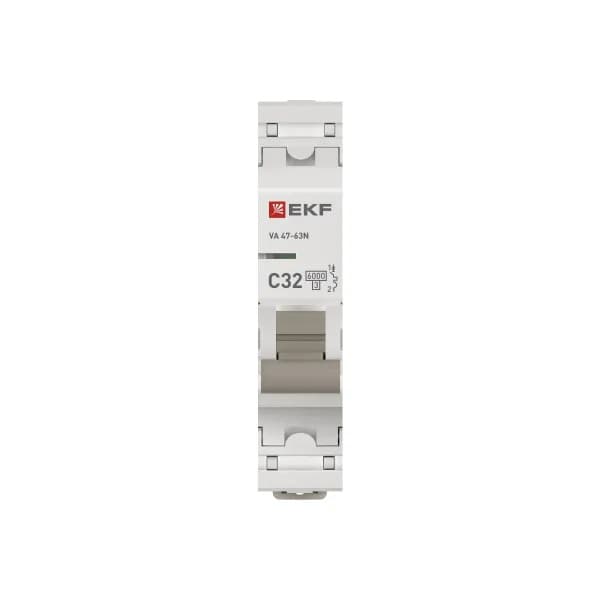 Автоматический выключатель модульный EKF PROxima ВА47-63N 1P, характеристика C, номинальный ток 32А, отключающая способность 6кА, артикул M636132C - вид спереди