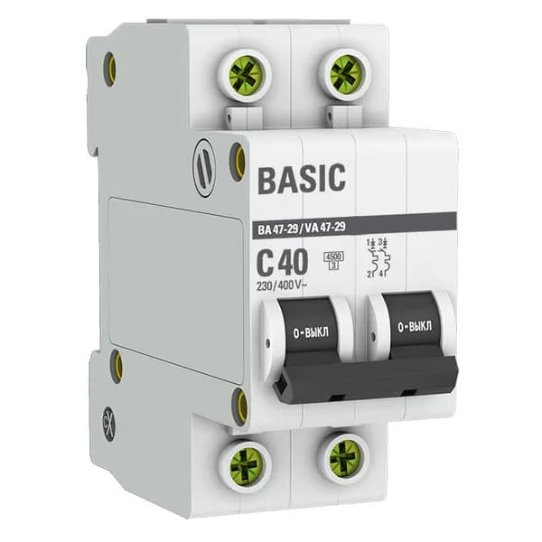 Автоматический выключатель модульный EKF Basic ВА47-29 2P, характеристика C, номинальный ток 40А, отключающая способность 4,5кА, артикул mcb4729-2-40C