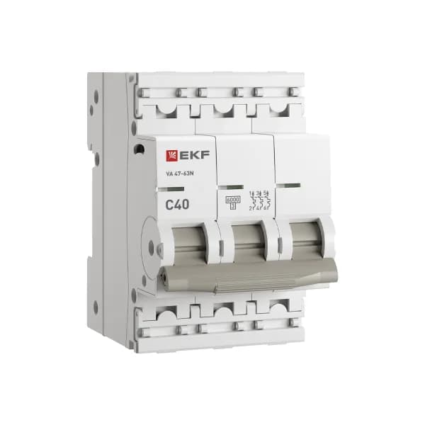 Автоматический выключатель модульный EKF PROxima ВА47-63N 3P, характеристика C, номинальный ток 40А, отключающая способность 4,5кА, артикул M634340C