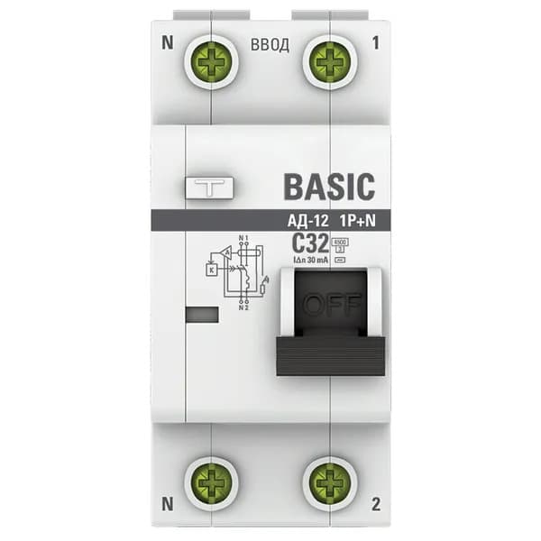 Дифференциальный автомат EKF Basic АД-12 1P+N, характеристика C, номинальный ток 32А, ток утечки 30мА, тип AC, отключающая способность 4,5кА, артикул DA12-32-30-bas - вид спереди
