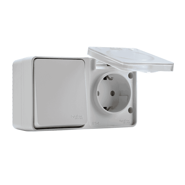 Блок комбинированный Systeme Electric AtlasDesign Profi54 ATN540170, розетка 16А с заземлением и защитными шторками, выключатель одноклавишный 10А, IP54, накладной монтаж, белый