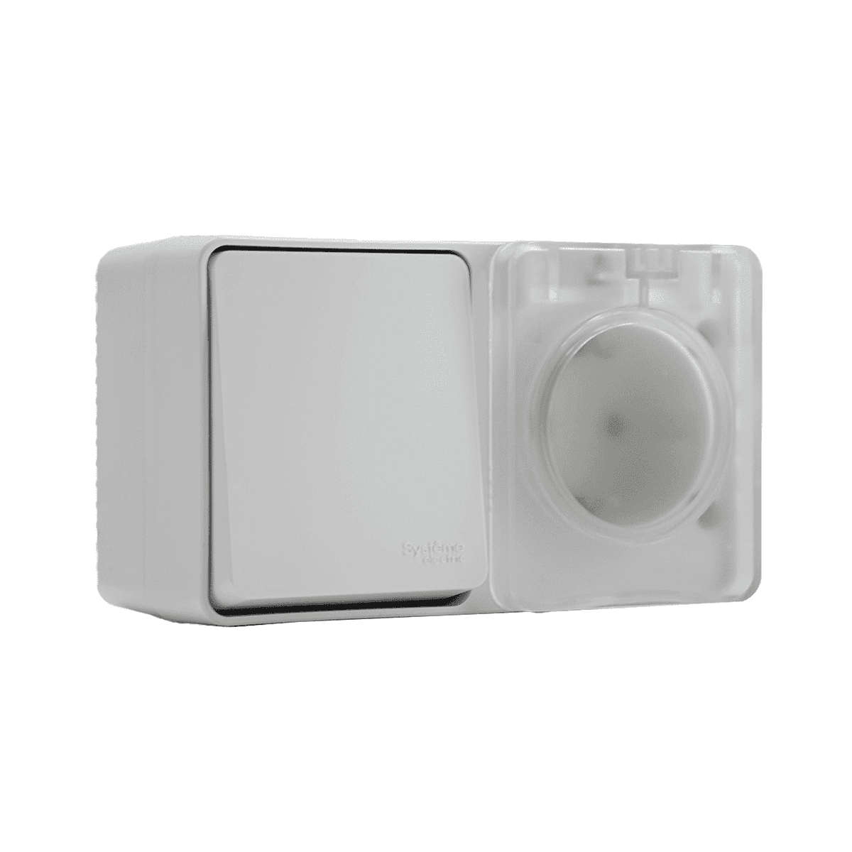 Блок комбинированный Systeme Electric AtlasDesign Profi54 ATN540170, розетка 16А с заземлением и защитными шторками, выключатель одноклавишный 10А, IP54, накладной монтаж, белый - вид сбоку спереди