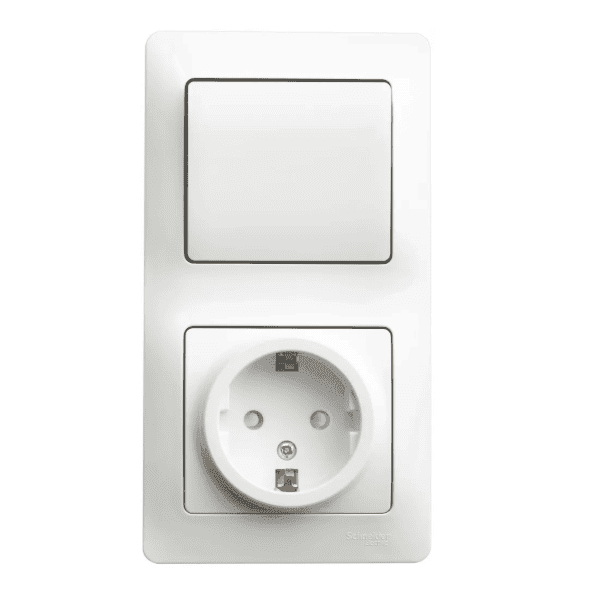 Блок комбинированный Systeme Electric Glossa GSL000170, розетка 16А с заземлением и защитными шторками, выключатель одноклавишный 10А, IP20, скрытого монтажа, белый, глянцевый