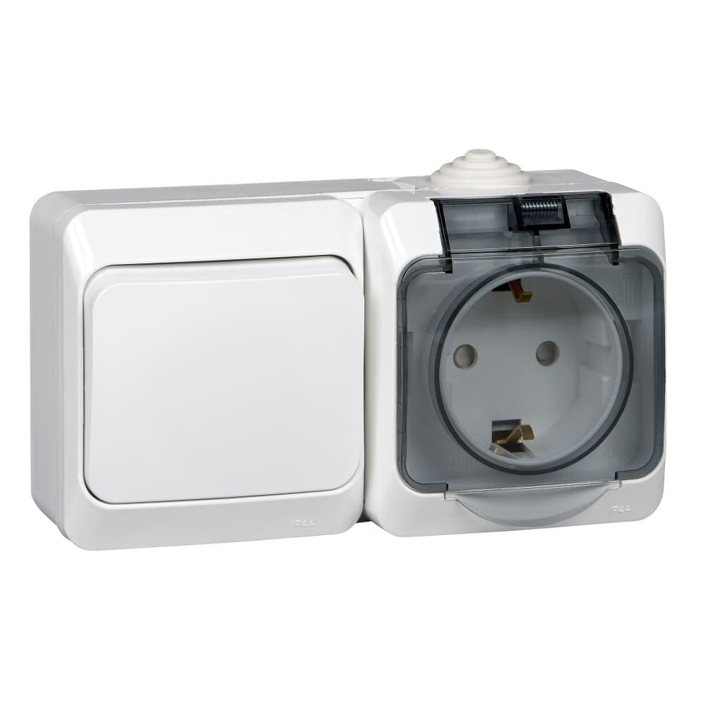 Блок комбинированный Systeme Electric Etude BPA16-241B, розетка 16А с заземлением и защитными шторками, выключатель одноклавишный 10А, IP44, накладной монтаж, белый, глянцевый