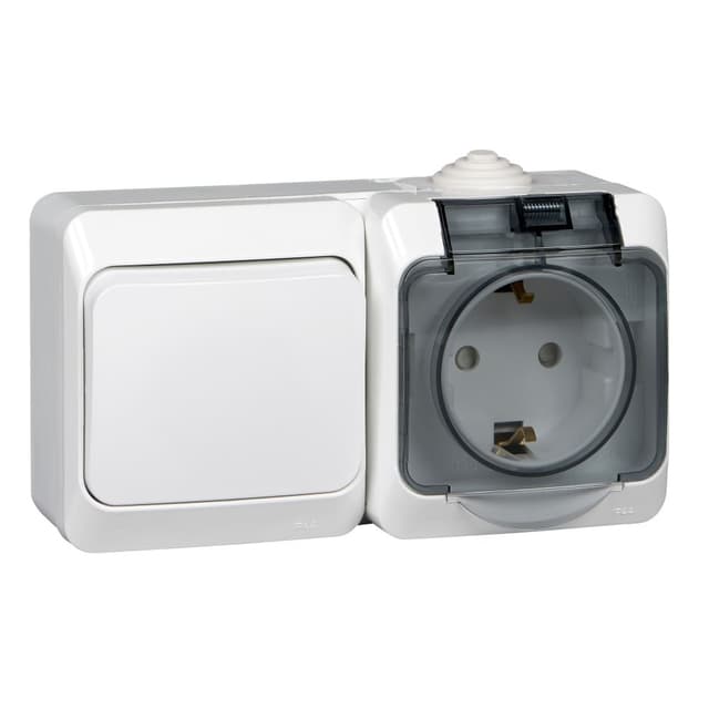 Блок комбинированный Systeme Electric Etude BPA16-241B, розетка 16А с заземлением и защитными шторками, выключатель одноклавишный 10А, IP44, накладной монтаж, белый, глянцевый
