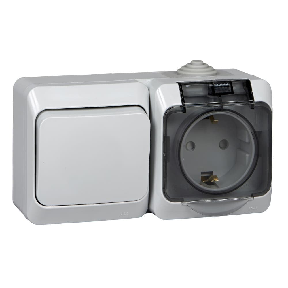 Блок комбинированный Systeme Electric Etude BPA16-241C, розетка 16А с заземлением и защитными шторками, выключатель одноклавишный 10А, IP44, накладной монтаж, серый, глянцевый