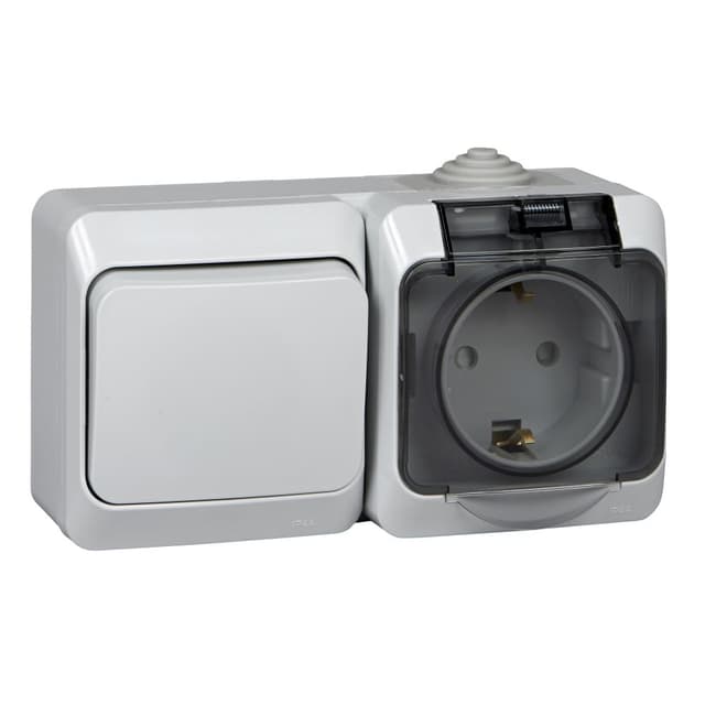 Блок комбинированный Systeme Electric Etude BPA16-241C, розетка 16А с заземлением и защитными шторками, выключатель одноклавишный 10А, IP44, накладной монтаж, серый, глянцевый