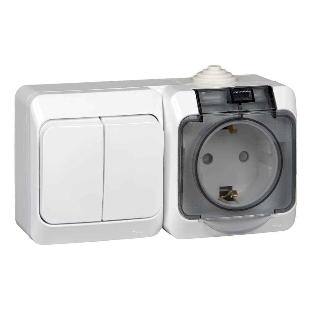 Блок комбинированный Systeme Electric Etude BPA16-242B, розетка 16А с заземлением и защитными шторками, выключатель двухклавишный 10А, IP44, накладной монтаж, белый, глянцевый