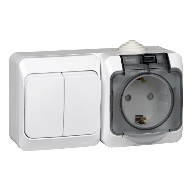 Блок комбинированный Systeme Electric Etude BPA16-242B, розетка 16А с заземлением и защитными шторками, выключатель двухклавишный 10А, IP44, накладной монтаж, белый, глянцевый