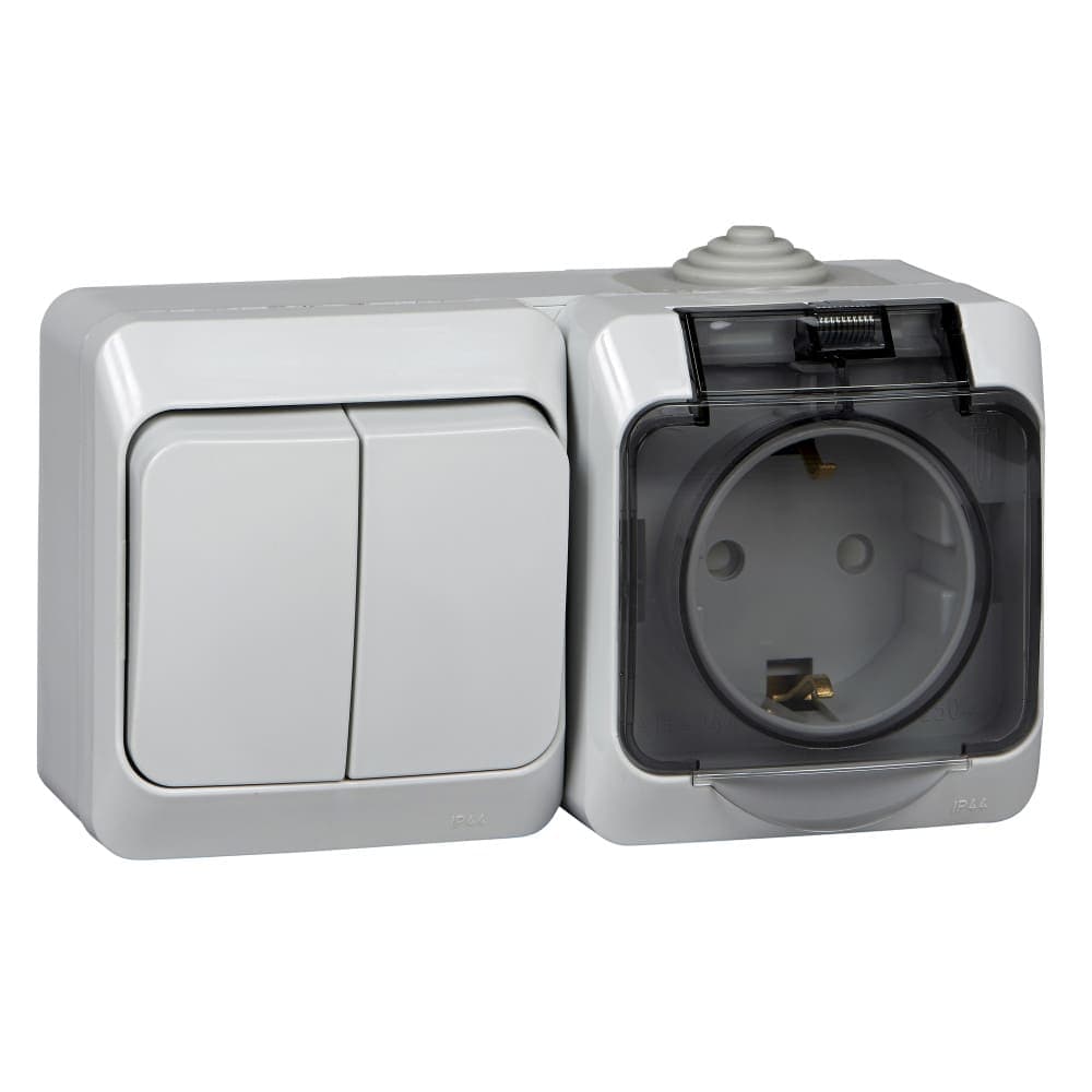 Блок комбинированный Systeme Electric Etude BPA16-242C, розетка 16А с заземлением и защитными шторками, выключатель двухклавишный 10А, IP44, накладной монтаж, серый, глянцевый