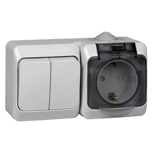 Блок комбинированный Systeme Electric Etude BPA16-242C, розетка 16А с заземлением и защитными шторками, выключатель двухклавишный 10А, IP44, накладной монтаж, серый, глянцевый
