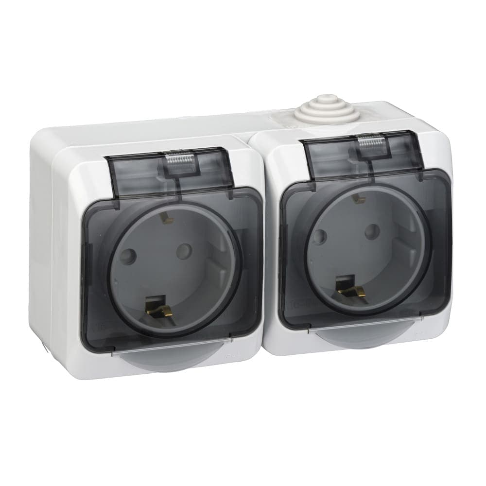 Розетка двойная накладная Systeme Electric Etude PA16-244C, с заземлением и защитными шторками, с крышкой, 16А, 250В, IP44, серый