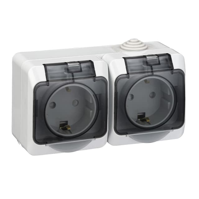 Розетка двойная накладная Systeme Electric Etude PA16-244C, с заземлением и защитными шторками, с крышкой, 16А, 250В, IP44, серый