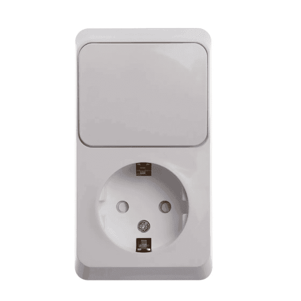 Блок комбинированный Systeme Electric Etude BPA16-201B, розетка 16А с заземлением и защитными шторками, выключатель одноклавишный 10А, IP20, открытой установки, белый, глянцевый