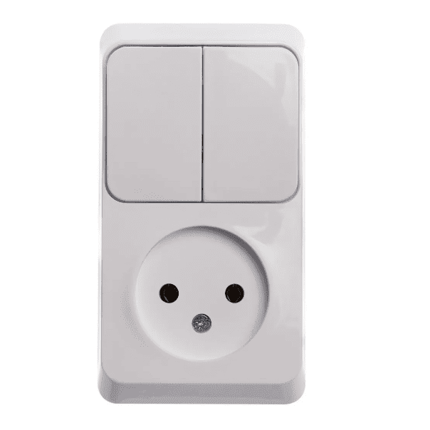Блок комбинированный Systeme Electric Etude BPA16-205B, розетка 16А без заземления, выключатель двухклавишный 10А, IP20, накладной монтаж, белый