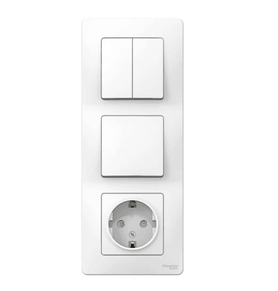 Комбинированный блок Systeme Electric Blanca BLNBS101201, розетка 16А с заземлением и защитными шторками, выключатель одноклавишный и двухклавишный 10А, скрытого монтажа, белый, глянцевый - вид спереди