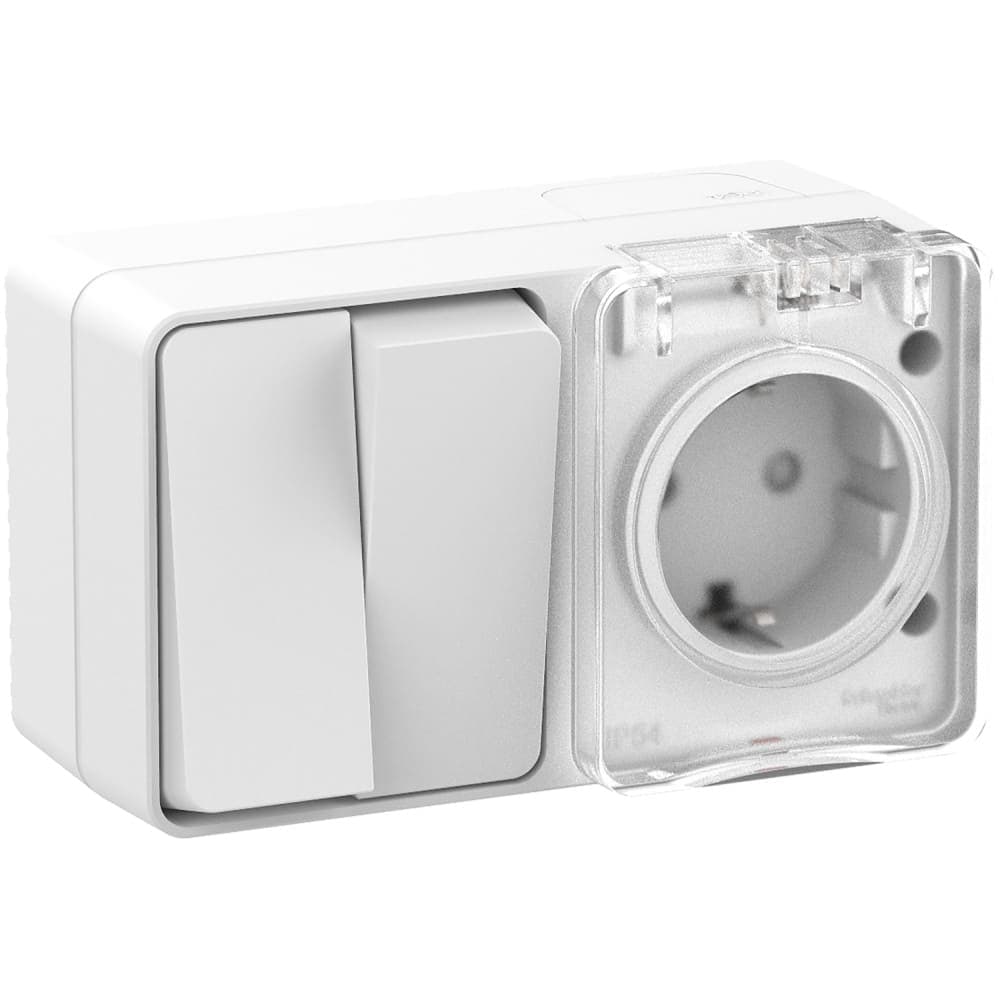 Блок комбинированный Systeme Electric AtlasDesign Profi54 ATN540174, розетка 16А с заземлением и защитными шторками, выключатель двухклавишный 10А, IP54, накладной монтаж, белый