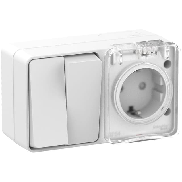 Блок комбинированный Systeme Electric AtlasDesign Profi54 ATN540174, розетка 16А с заземлением и защитными шторками, выключатель двухклавишный 10А, IP54, накладной монтаж, белый