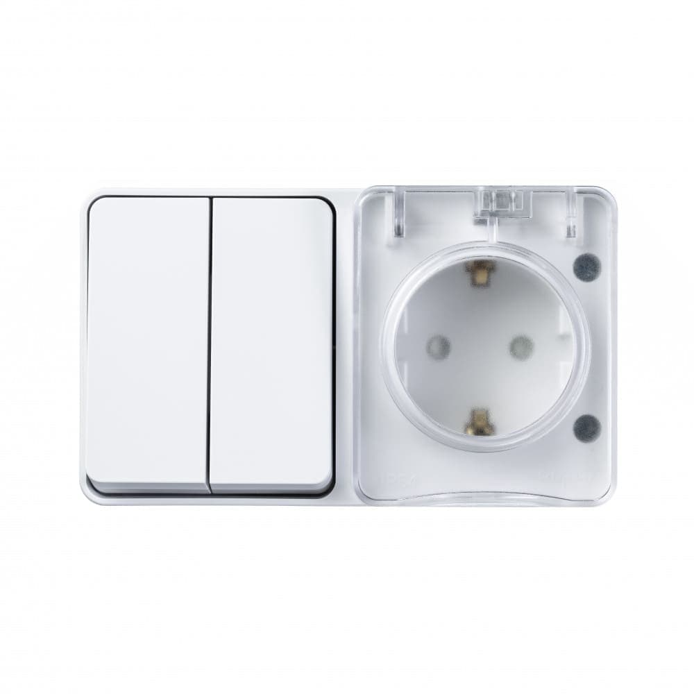 Блок комбинированный Systeme Electric AtlasDesign Profi54 ATN540174, розетка 16А с заземлением и защитными шторками, выключатель двухклавишный 10А, IP54, накладной монтаж, белый - вид спереди