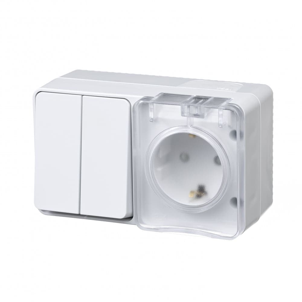 Блок комбинированный Systeme Electric AtlasDesign Profi54 ATN540174, розетка 16А с заземлением и защитными шторками, выключатель двухклавишный 10А, IP54, накладной монтаж, белый - вид сбоку спереди