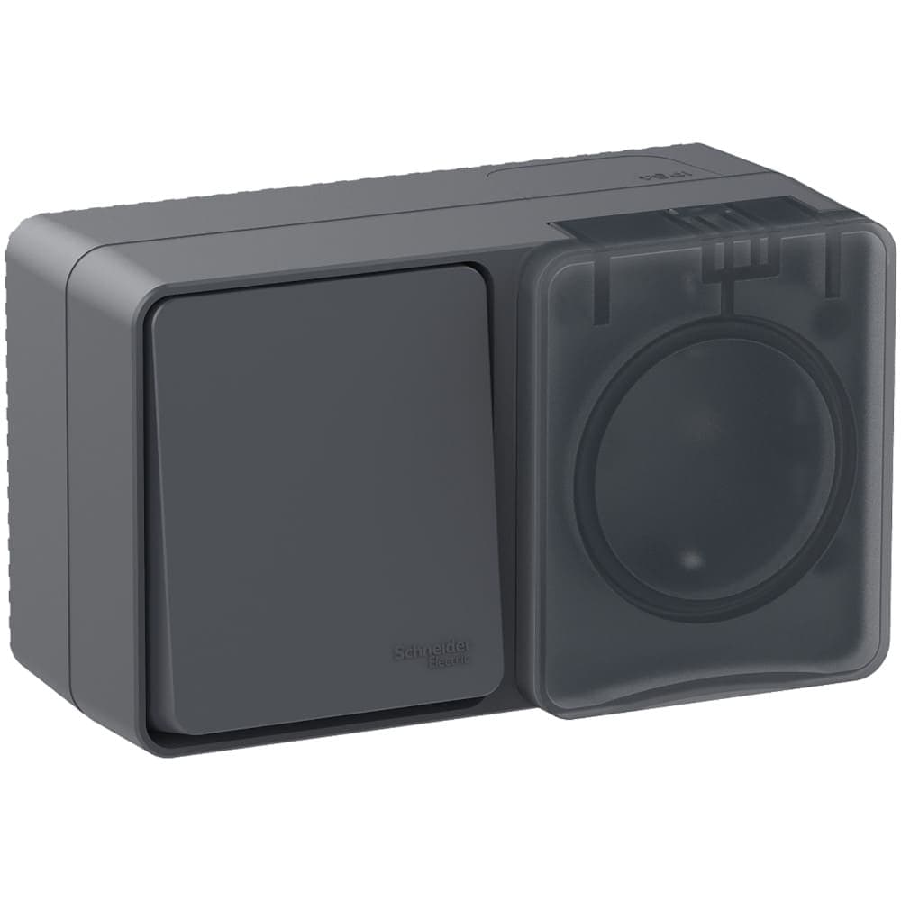 Блок комбинированный Systeme Electric AtlasDesign Profi54 ATN544070, розетка 16А с заземлением и защитными шторками, выключатель одноклавишный 10А, IP54, накладной монтаж, антрацит, с откидной крышкой